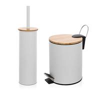 Inbagno Set Accessori Bagno scopino WC e pattumiera a Pedale 3 Lt, in Acciaio e bambù, Linea Haiti