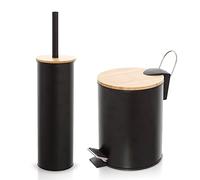 Inbagno Set Accessori Bagno scopino WC e pattumiera a Pedale 3 Lt, in Acciaio e bambù, Linea Haiti