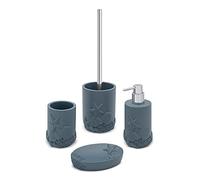 Inbagno Set Accessori Bagno Turchese Cobalto 4 Pezzi in Resina, Dispenser Sapone 470 ml, portaspazzolini Multiuso, portasapone e scopino con setole Nere, Linea Coral