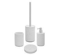 Inbagno Set Bagno Accessori Completo - 4 Pezzi, Kit Accessori appoggio Effetto Pietra Bianco, Include Dispenser, portaspazzolini, portasapone e scopino WC, (Set Completo)