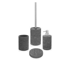 Inbagno Set Bagno Accessori Completo - 4 Pezzi, Kit Accessori appoggio Effetto Pietra Grigio, Include Dispenser, portaspazzolini, portasapone e scopino WC, (Set Completo)