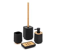 Inbagno Set Bagno Accessori Completo - 4 Pezzi, Kit Accessori appoggio in ABS e bambù, Include Dispenser, portaspazzolini, portasapone e scopino WC, Linea Wave (Set Completo)