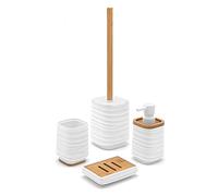Inbagno Set Bagno Accessori Completo - 4 Pezzi, Kit Accessori appoggio in ABS e bambù, Include Dispenser, portaspazzolini, portasapone e scopino WC, Linea Wave (Set Completo)