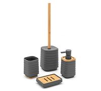 Inbagno Set Bagno Accessori Completo - 4 Pezzi, Kit Accessori appoggio in ABS e bambù, Include Dispenser, portaspazzolini, portasapone e scopino WC, Linea Wave (Set Completo)