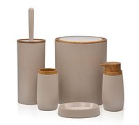 Inbagno Set Bagno Accessori Completo - 5 Pezzi, in plastica Liscia con Dettagli Effetto Legno Serie Blob, Include Dispenser Sapone, portasaponetta, portaspazzolino, portascopino e pattumiera