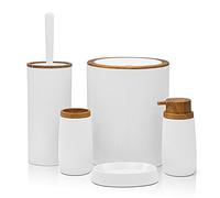 Inbagno Set Bagno Accessori Completo - 5 Pezzi, in plastica Liscia con Dettagli Effetto Legno Serie Blob, Include Dispenser Sapone, portasaponetta, portaspazzolino, portascopino e pattumiera