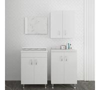Inbagno Set Lavanderia 60 Cm Compatto Mobile Lavatoio Base Multiuso E Pensile Legno Idrofugo Bianco - Linea Fedra