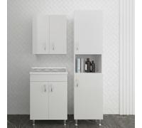 Inbagno Set Lavanderia Completo 60 Cm Mobile Lavatoio Ampio, Colonna 2 Ante E Pensile Legno Idrofugo Bianco Linea Fedra