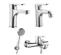 Inbagno Set miscelatori lavabo Bidet e Vasca con doccetta, in Ottone Cromato, con piletta di Scarico Inclusa, Paco