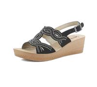 inblu Sandali Donna a Zeppa con Doppia Fascia di Strass, Cinturino Regolabile e Plantare in Pelle Imbottito, Nero, 38 EU
