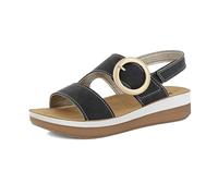 inblu Sandali Donna con Doppia Chiusura Strappo e Fibbia Tonda Dorata, Plantare in Pelle, Nero, 37 EU