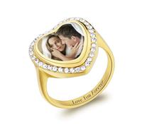 INBLUE Anello Cuore con Foto Personalizzato da Donna Nome/Data Incisi Personalizzati Anelli Commemorativi in Acciaio Inossidabile con Immagine All'interno Regali per Coppia Mamma Nonna (A2#10)