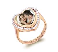 INBLUE Anello Cuore con Foto Personalizzato da Donna Nome/Data Incisi Personalizzati Anelli Commemorativi in Acciaio Inossidabile con Immagine All'interno Regali per Coppia Mamma Nonna (A3#6)