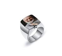INBLUE Anello Urna Ceneri Foto Personalizzato Testo Incisione Acciaio Inossidabile con Sigillo Anelli Commemorativo Gioielli per Donne Uomo con Lo Strumento Imbuto (Argento, Foto Colori, Taglia 17)