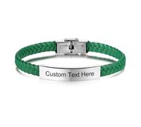 INBLUE Bracciale in Pelle Personalizzato con Incisione Testo per Uomo Amico - Etichetta in Acciaio Inox Regolabile, Corda Intrecciata, Gioielli Moda Regalo per Anniversario - Verde