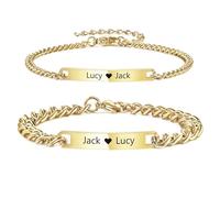 INBLUE Bracciali Coppia Set Personalizzati Lui e Lei Incisione Nome Acciaio Inox Regolabile Catena Cubana Fidanzato Fidanzata Regali Relazione Lunga Distanza Regali Coppie - C2