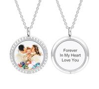 INBLUE Personalizzato Galleggiante Collana per Donna Inciso Foto/Testo Ciondolo Rotondo Acciaio Inox e Vetro con Pietra di Nascita Regalo di Memoria per Anniversario Compleanno (B1 - Colori)