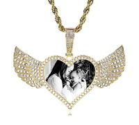 INBLUE Personalizzato Hip Hop Gioielli Memoria Foto Collana Pendente Inciso Testo per Uomo Donna Rame Angelo Ala Rotonda Cuore Zirconi Pendente Medaglia Corda Catena Regali Personalizzati(oro 51 CM)
