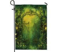 Incantata foresta giardino bandiera farfalla uccello lanterna nebbioso bosco medievale gotico verde lino per benvenuto portico cortile bandiera decorazione per vacanze prato festa pinne su doppia