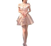 Incantevole abito da ballo con volant rosa da donna - Abito da sposa svasato a vita alta con spalle scoperte, Abito corto Pnnrk, M