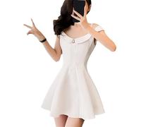 Incantevole abito da ballo con volant rosa da donna - Abito da sposa svasato a vita alta con spalle scoperte, Abito corto bianco, L