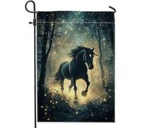 Incantevole bandiera da giardino con cavallo della foresta, cavallo nero di mezzanotte con stelle scintillanti, striscione decorativo per la casa, bandiera da cortile in iuta su entrambi i lati, per