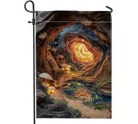 Incantevole bandiera da giardino con grotte fantasy, vivace paesaggio con funghi coralli, decorazione per esterni, accenti per la casa in iuta su entrambi i lati, striscione magico da giardino per