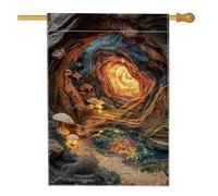 Incantevole bandiera da giardino con grotte fantasy, vivace paesaggio con funghi coralli, decorazione per esterni, accenti per la casa in iuta su entrambi i lati, striscione magico da giardino per