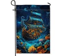 Incantevole bandiera da giardino con nave oceanica, decorazione per nave a vela illuminata blu, decorazione per primavera estate prato all'aperto, stile nautico su entrambi i lati, 30,5 x 45,7 cm