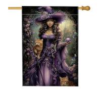 Incantevole bandiera da giardino con strega viola, decorazione magica per Halloween, striscione in iuta su entrambi i lati per decorazione esterna del prato 71 x 101 cm