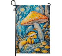 Incantevole bandiera da giardino con volpe arancione sotto il fungo, decorazione per esterni, bandiera in tessuto su entrambi i lati per decorazione stagionale della casa, ornamento autunnale per