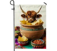 Incantevole bandiera da giardino di mucca degli altopiani, bestiame marrone con fritte fritte, striscione di decorazione all'aperto, bandiera del patio a doppia faccia per riunioni di barbecue estivi