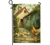 Incantevole bandiera da giardino primaverile, accogliente design giallo di galline e pulcini, banner in tessuto double face, decorazione per la casa all'aperto per prato e festa in giardino, 12 x 18