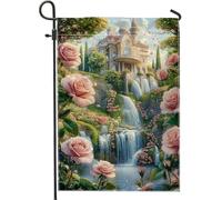 Incantevole bandiera da giardino, rosa floreale di pesca, striscione decorativo per la casa, decorazione esterna a molla su entrambi i lati per prato, bella scena naturale per tutte le stagioni 30,5 x
