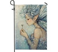 Incantevole bandiera invernale da giardino delle fate, motivo dente di leone blu, striscione decorativo per esterni, bandiera artistica su entrambi i lati, decorazione stagionale per casa e cortile