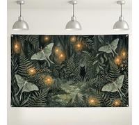 Incantevole sfondo con falene della foresta, sfondo fotografico con natura fantasiosa verde scuro, scena magica di stelle e felci per feste, Halloween ed eventi stagionali, 180 x 109 cm
