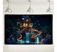 Incantevole sfondo con una casa sull'albero delle fiabe, decorazione magica per cabina fotografica, sfondo fantasy bosco per feste, celebrazioni stagionali, 180 x 109 cm
