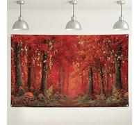 Incantevole sfondo della foresta rossa, magico sfondo fotografico autunnale del paese delle meraviglie, perfetto per eventi autunnali, feste del Ringraziamento, accogliente decorazione per interni