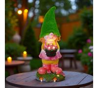 Incantevole statua a forma di gnomo solare con luce notturna calda e cappello verde, ornamento da giardino in resina, per aiuole, tavoli da portico, altezza 34 cm