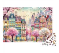 Incantevole Strada Europea 1000 Pezzi Strada Città Sakura Cartone Riciclato per Adulti Gioco Educativo Antistress Decorazione Parete Regalo Compleanno 38x26cm