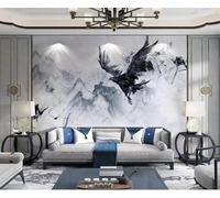 Inchiostro Astratto Dipinto A Mano Uccelli Volanti Alpini 3D Carta da Parati Tessuto in Seta Ufficio Sala Pranzo Divano Camera Soggiorno TV Sfondo Muro-250cm×170cm