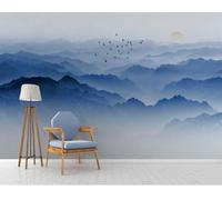 Inchiostro Diluito Blu Cime Montuose Uccelli In Volo Alba 3D Carta Da Parati Facile Installare Mobili Sfondi Ufficio Divano Camera Letto Sfondo Decorazione Murale-300cm×210cm