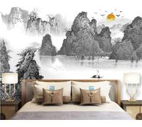 Inchiostro Paesaggi Alba Uccelli Piccola Barca 3D Carta Da Parati Facile Installare Mobili Sfondi Ufficio Divano Camera Letto Sfondo Decorazione Murale-200cm×140cm