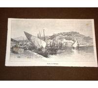 Incisione del 1892 Il Porto di Malaga Mediterraneo Pittoresco
