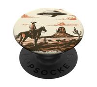 Incontro Vintage tra Cowboy e Alieno nel Deserto PopSockets PopGrip Adesivo