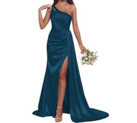 Increspato Principessa Damigella D'Onore Abito Una Spalla Prom Abiti con Spacco Formale Sera Partito Maxi Abito ZMKI416, Foglia di t, 42