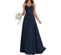 Increspato Principessa Damigella D'Onore Vestito per Juniors Halter Prom Dresses Chiffon Formale Sera Partito Maxi Abito ZMKI377, blu navy, 38