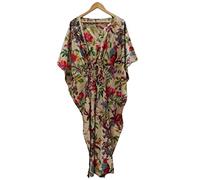 INDACORIFIE Abbigliamento da Festa da Donna in Caftano Lungo in Cotone Stampato con Uccelli, Maxi Stile Caftano Hippie, Tunica Indiana. Beige Multi