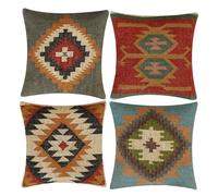 INDACORIFY Set da 4 pezzi Fodera per cuscino Kilim in lana e iuta Tessuta a mano vintage turca Copricuscino decorativo Federe per la casa (Stile- 09)