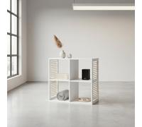 INDE MOBLEKIT | Libreria a 4 scomparti 60x29,5x59 cm bianca, mobile contenitore ausiliario con design a doghe in legno, scaffalatura cubica per soggiorno, camera da letto o studio